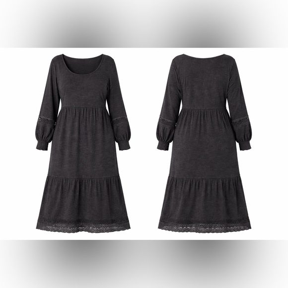 Canyon Retreat Washed Black Boho Midi Dress 1X | Tiered Hem Lace Trim - Picture 2 of 3